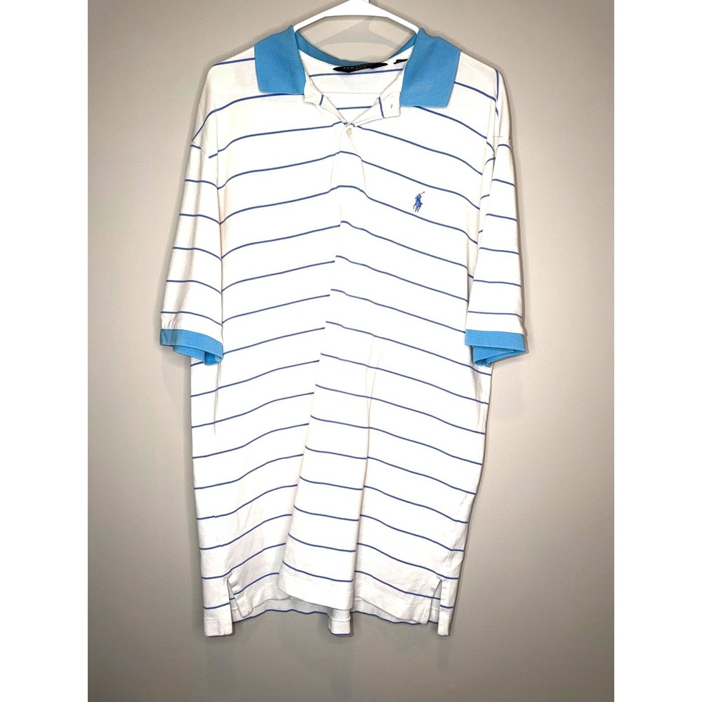 Polo Ralph Lauren Striped Polo Shirt Blue White Pro Fit Classic XL - Picture 2 of 6